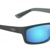 FlightSunglasses Maui Jim Kanaio Coast 766 Sunglasses- Matte Translucent Blue Black W/Stripe And Polarized Blue Hawaii Lens